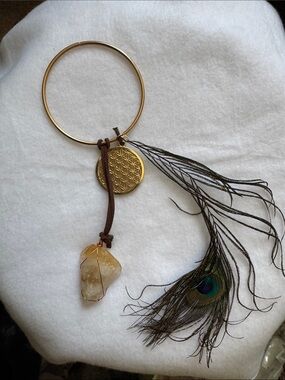 Gold-Plated Hoop Bracelet with Citrine Pendant and Brown Suede